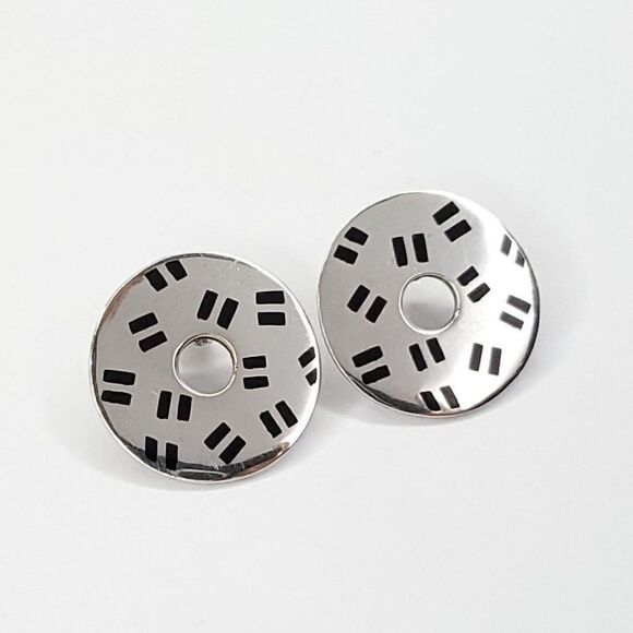 Vintage 80s 90s Cieslicki Earrings Round Sterling Silver Enamel Modernist - Picture 1 of 4